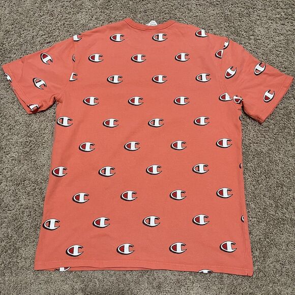 VTG Champion Shirt Mens Large Orange Heritage Scribble AOP Logo Heavy Tee - Picture 4 of 6